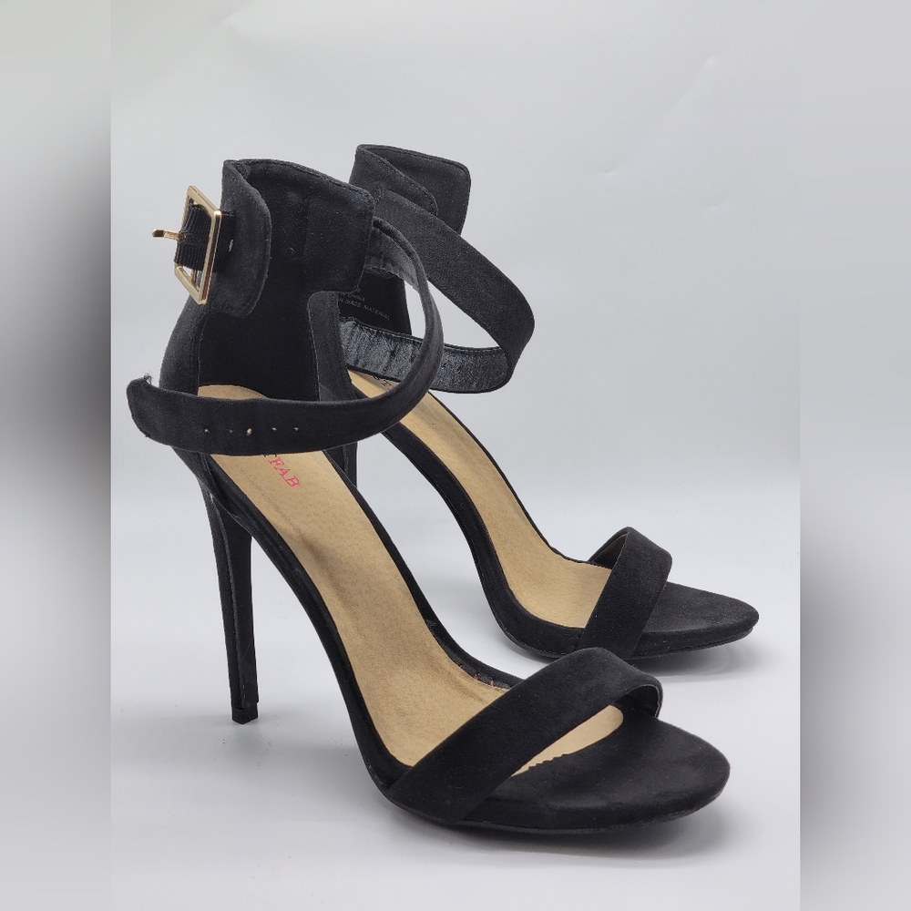 JustFab Black Suede Ankle Strap Stiletto Heels